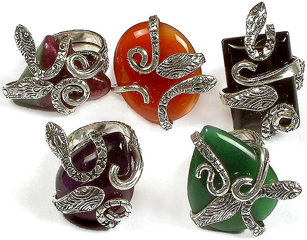 Lot of Five Gemstone Rings with Serpents<br>(Ruby Zoisite, Carnelian, Black Onyx, Amethyst & Green Onyx)