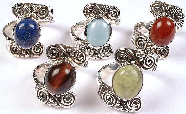 Lot of Five Gemstone Rings with Spiral