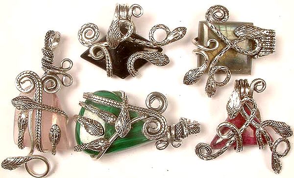 Lot Of Five Gemstone Serpent Pendants<br>(Black Onyx, Labradorite, Rose Quartz, Malachite, and Ruby Zoisite)