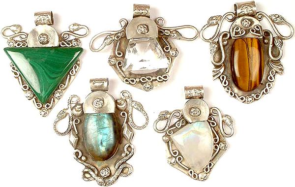 Lot of Five Gemstone Serpent Pendants<br>(Malachite, Faceted Crystal, Tiger Eye, Labradorite & Rainbow Moonstone)