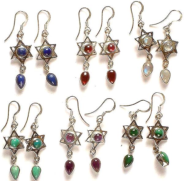 Lot of Five Gemstone Star Earrings with Dangle ( Lapis Lazuli, Garnet, Rainbow Moonstone, Turquoise, Amethyst, & Malachite)