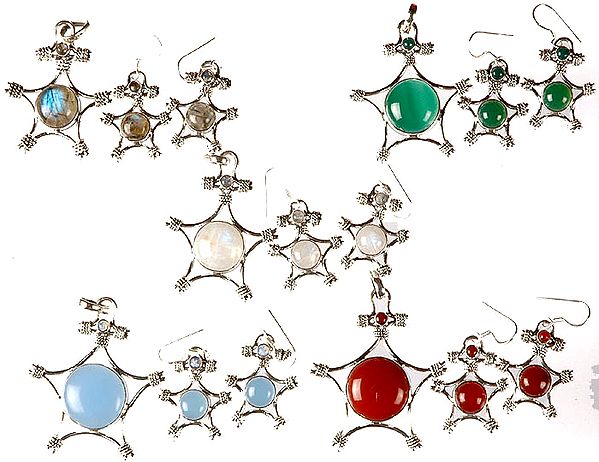 Lot of Five Gemstone Star Pendants and Earrings Sets (Labradorite, Green Onyx, Rainbow Moonstone, Blue Chalcedony and Carnelian)
