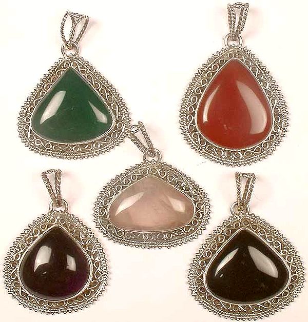 Lot Of Five Gemstone Tear Drop Pendants<br>(Green Onyx, Carnelian, Rose Quartz, Amethyst and Black Onyx)
