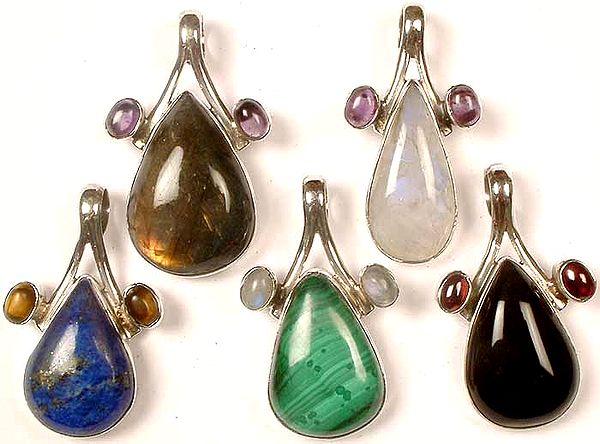 Lot Of Five Gemstone Tear Drop Pendants<br>(Labradorite, Rainbow Moonstone, Lapis Lazuli, Malachite and Black Onyx)