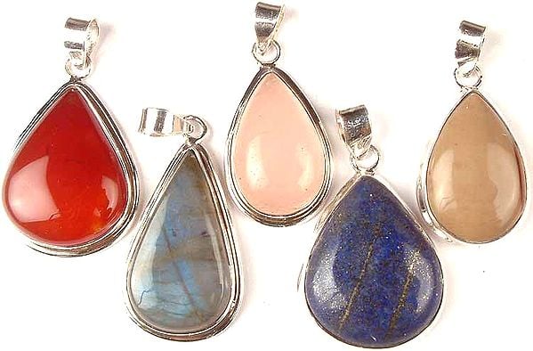 Lot of Five Gemstone Tear Drops<br>(Carnelian, Rose Quartz, Agate, Labradorite & Lapis Lazuli)