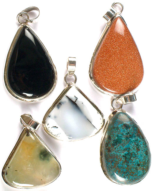 Lot of Five Gemstone Teardrop Pendants (Black Onyx, Sunstone, Dendrite, Green Fluorite and Azure Malachite)