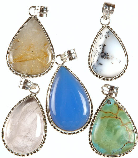 Lot of Five Gemstone Teardrop Pendants (Rutilated Quartz, Dendrite, Blue Chalcedony, Rose Quartz and Turquoise)