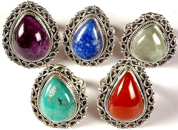Lot of Five Gemstone Teardrop Rings (Amethyst, Lapis Lazuli, Prehnite, Turquoise and Carnelian)