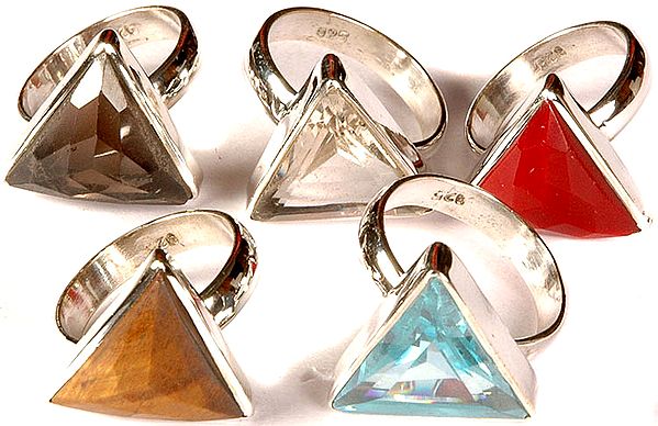 Lot of Five Gemstone Triangular Finger Rings (Faceted Smoky Quartz, Crystal, Jasper, Tiger Eye and Blue Topaz)
