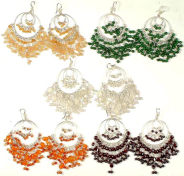 Lot of Five Gemstone Triple Hoop Chandeliers<br>(Citrine, Green Onyx, Rainbow Moonstone, Carnelian & Garnet)
