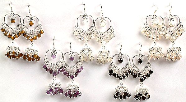 Lot of Five Gemstone Valentine Earrings (Tiger Eye, Rainbow Moonstone, Pearl, Amethyst and Black Onyx)