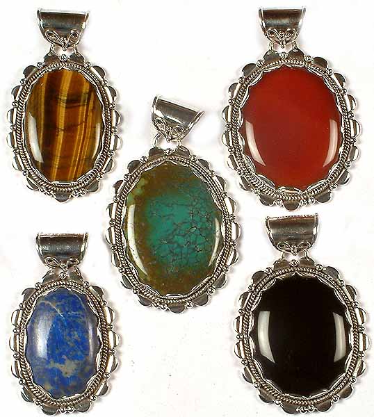 Lot of Five Large Gemstone Pendants<br>(Tiger Eye, Carnelian, Turquoise, Lapis Lazuli & Black Onyx)
