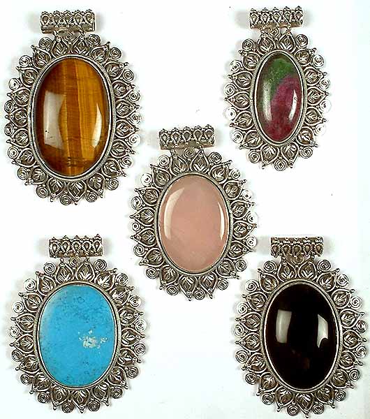 Lot of Five Large Oval Gemstone Pendants<br>(Tiger Eye, Ruby Zoisite, Rose Quartz, Turquoise & Black Onyx)