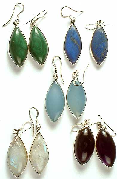 Lot of Five Marquis Gemstone Earrings ( Malachite, Lapis Lazuli, Blue Chalcedony, Rainbow Moonstone, & Amethyst)