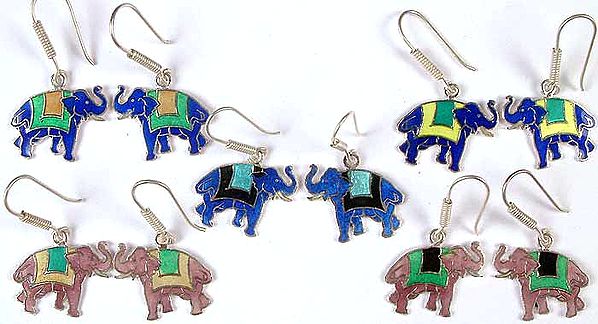 Lot of Five Meenakari Elephant Earrings