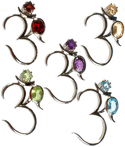 Lot of Five Om Pendants with Fine Cut Gemstones<br>(Garnet, Citrine, Amethyst, Peridot and Blue Topaz)
