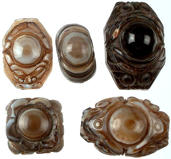 Lot of Five Onyx Carved Beads (Eyes)