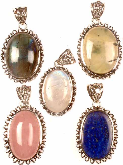 Lot of Five Oval Gemstone Pendants (Labradorite, Prehnite, Rainbow Moonstone, Rose quartz, and Lapis Lazuli)
