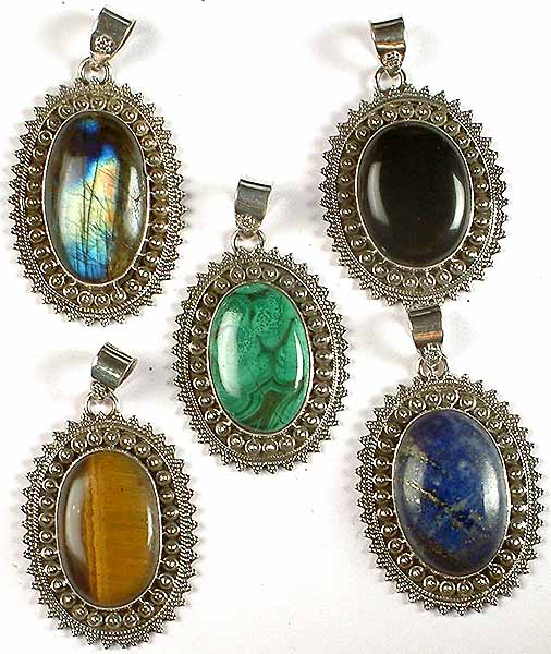 Lot Of Five Oval Gemstone Pendants (Labradorite, Black Onyx, Malachite, Tiger Eye & Lapis Lazuli)