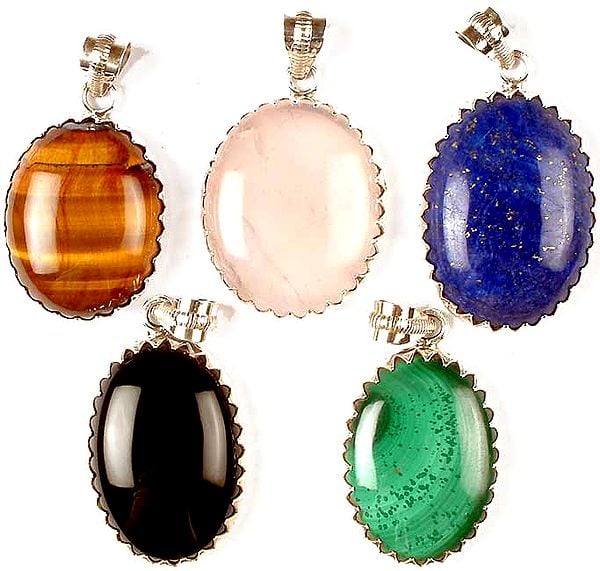 Lot of Five Oval Gemstone Pendants (Tiger Eye, Rose Quartz, Lapis Lazuli, Black Onyx & Malachite)