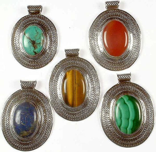 Lot of Five Oval Gemstone Pendants with Filigree&lt;br&gt;(Turquoise, Carnelian, Tiger Eye, Lapis Lazuli & Malachite)