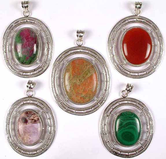 Lot of Five Oval Gemstone Pendants with Lattice (Ruby Zoisite Carnelian, Unakite, Chaorite and Malachite)