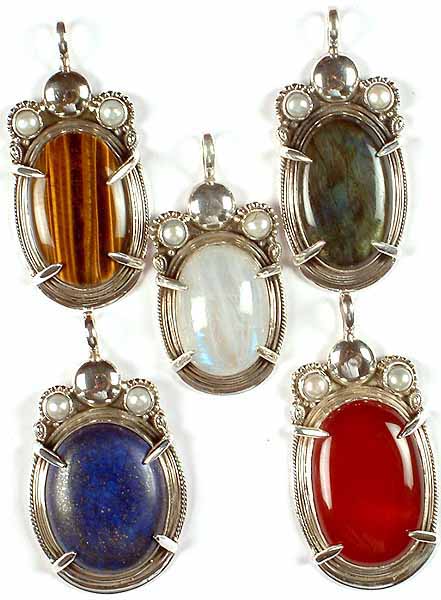 Lot of Five Oval Gemstone Pendants with Pearls