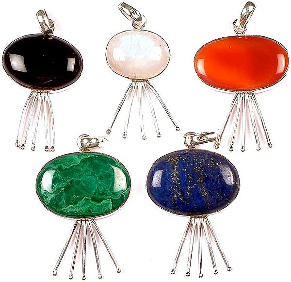 Lot of Five Oval Gemstone Pendants with Spikes