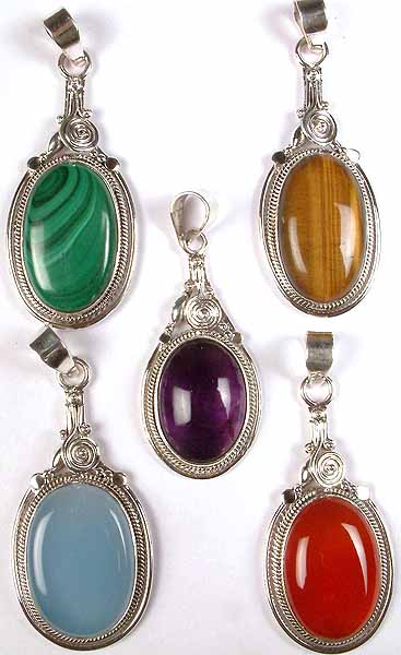 Lot of Five Oval Gemstone Pendants with Spiral