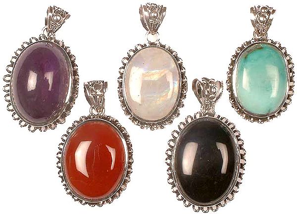 Lot of Five Oval Gemstone Pendants<br>(Amethyst, Rainbow Moonstone, Turquoise, Carnelian & Black Onyx)