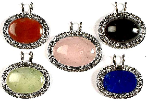 Lot Of Five Oval Gemstone Pendants<br>(Carnelian, Amethyst, Rose Quartz, Prehnite, & Lapis Lazuli)