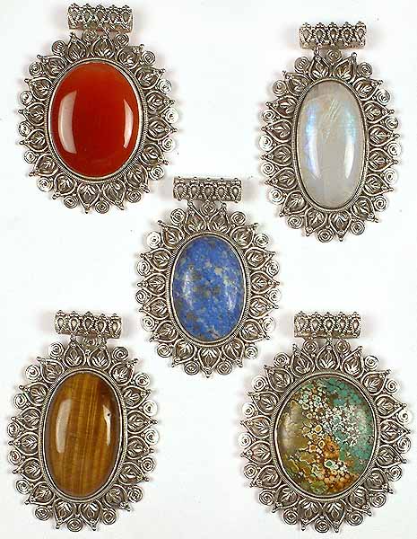 Lot of Five Oval Gemstone Pendants<br>(Carnelian, Rainbow Moonstone, Lapis Lazuli, Tiger Eye & Turquoise)