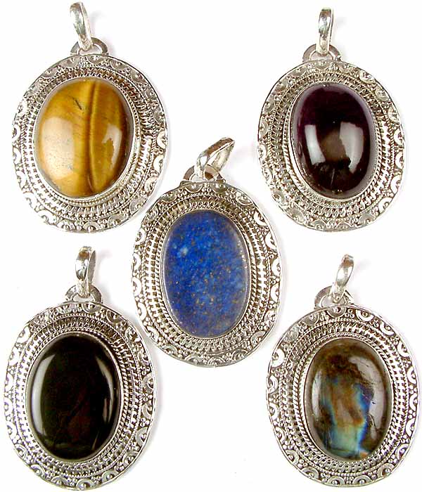 Lot of Five Oval Gemstone Pendants<br>(Tiger Eye, Amethyst, Lapis Lazuli, Tiger Eye & Labradorite)