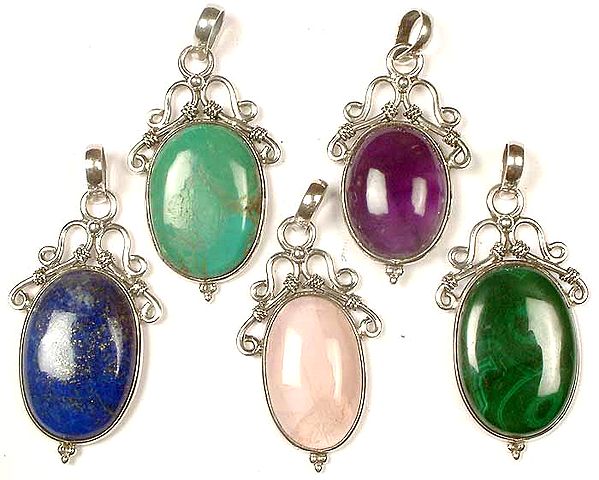 Lot Of Five Oval Gemstone Pendants<br>(Turquoise, Amethyst, Lapis Lazuli, Rose Quartz, and Malachite)