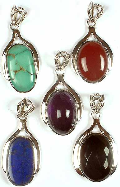 Lot of Five Oval Gemstone Pendants<br>(Turquoise, Carnelian, Amethyst, Lapis Lazuli & Faceted Black Onyx)