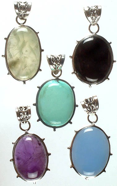 Lot of Five Oval Pendants (Prehnite, Black Onyx, Turquoise, Amethyst, Blue Chalcedony)