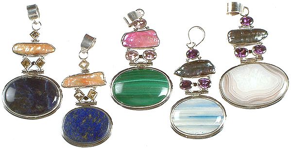 Lot of Five Pendants with Pearls and Faceted Gemstones