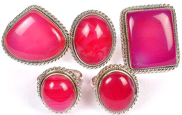 Lot of Five Pink Chalcedony Rings