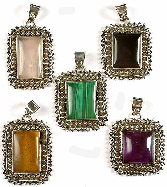 Lot of Five Rectangular Gemstone Pendants<br>(Rose Quartz, Black Onyx, Malachite, Tiger Eye, & Amethyst)