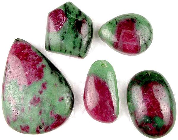 Lot of Five Ruby Zoisite Cabochons (Both Side & Top Drilled)