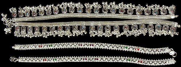 Lot of Five Silver Meenakari Anklets