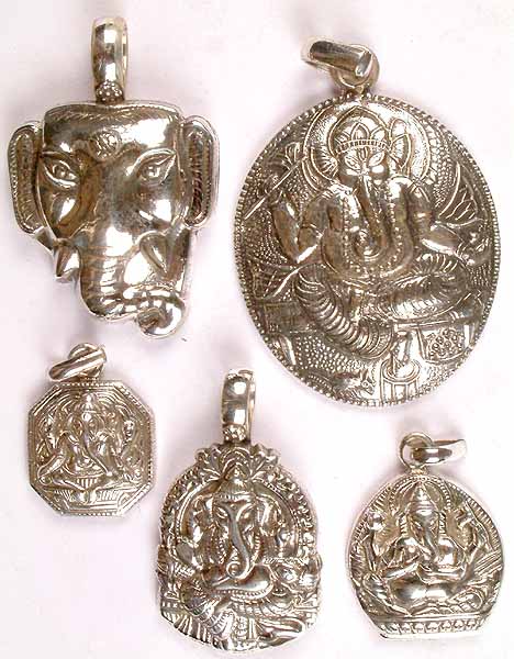 Lot of Five Sterling Ganesha Pendants