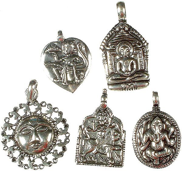 Lot of Five Sterling Religious Pendants<br>(Hanuman, Lord Mahavira, Surya, Goddess Durga and Lord Ganesha)