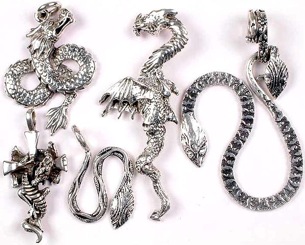 Lot of Five Sterling Silver Dragon and Serpent Pendants