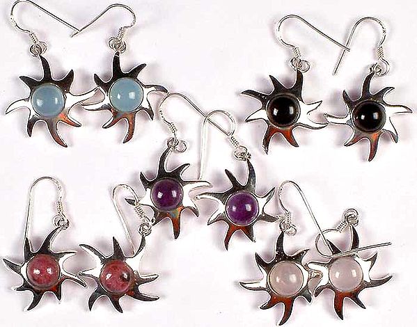 Lot of Five Sun Earrings (Chalcedony, Rhodonite, Amethyst, Black Onyx & Rose Quartz)
