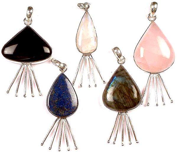 Lot of Five Tear Drop Gemstone Pendants with Spikes