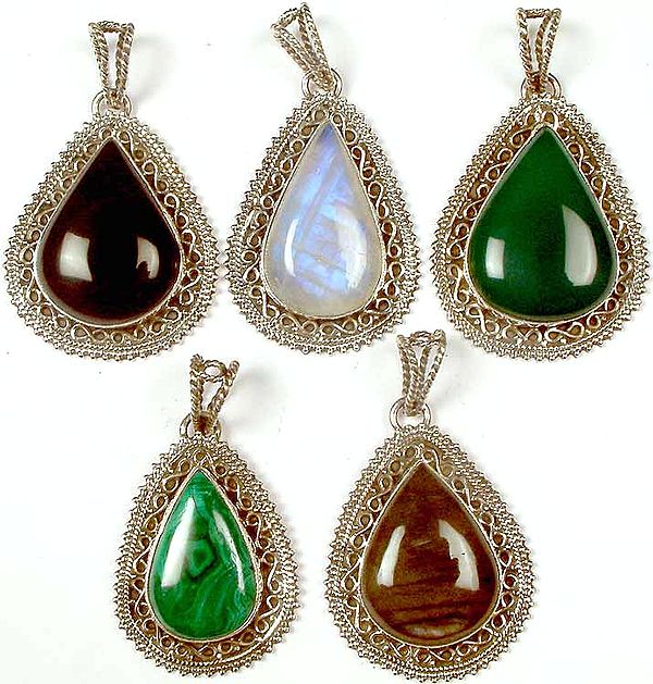 Lot of Five Tear Drop Gemstone Pendants<br>(Black Onyx, Rainbow Moonstone, Green Onyx, Malachite & Labradorite)