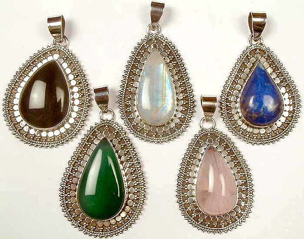 Lot of Five Tear Drop Gemstone Pendants<br>(Black onyx, Rainbow Moonstone, Lapis Lazuli, Green Onyx & Rose Quartz)
