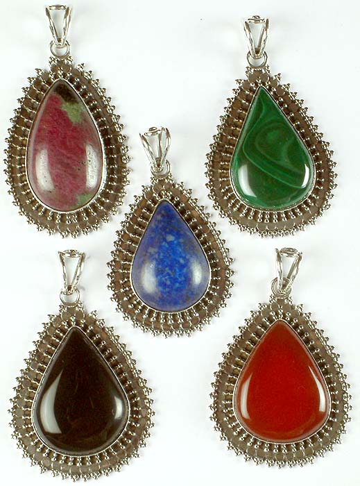 Lot of Five Tear Drop Gemstone Pendants<br>(Ruby Zoisite, Malachite, Lapis Lazuli, Black Onyx & Carnelian)