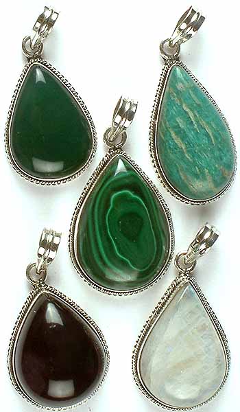 Lot of Five Teardrop Pendants (Amazonite, Green Onyx, Amethyst, Malachite and Rainbow Moonstone)